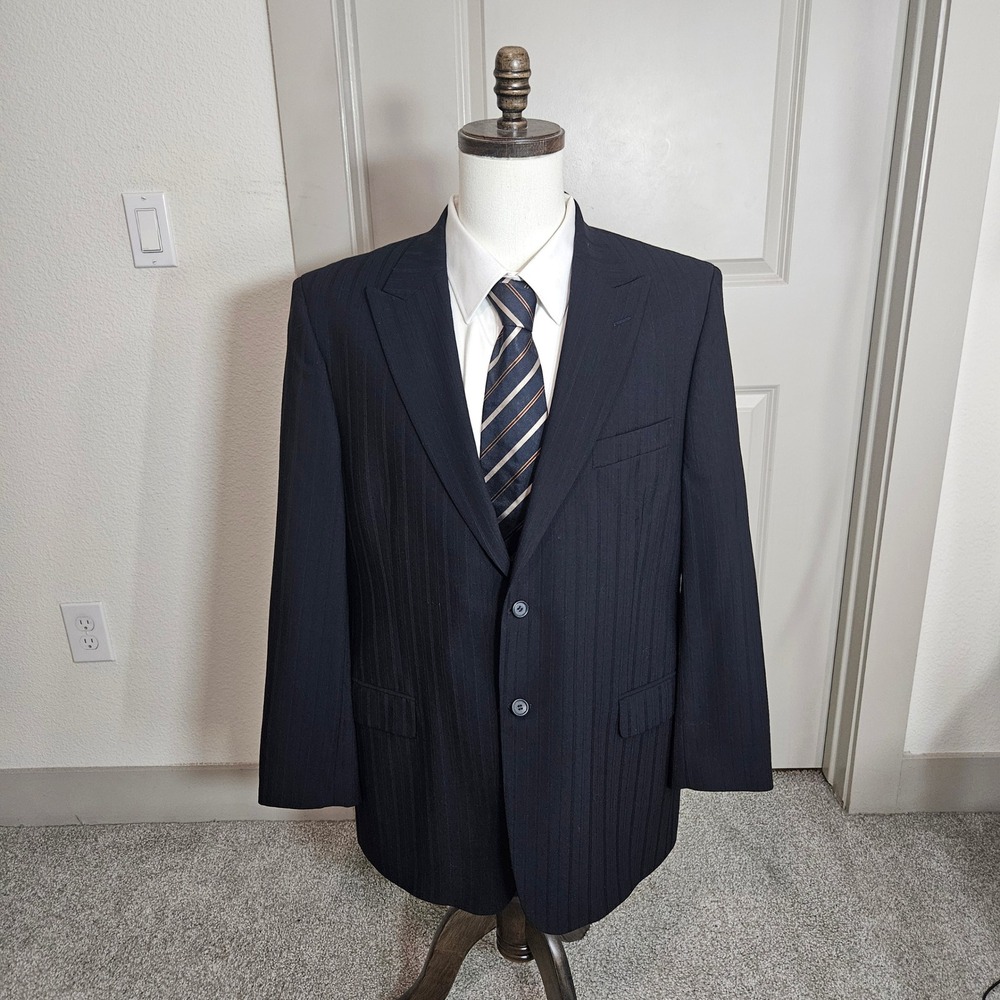 Carducci Zignone Italy‎ Pure Wool Pinstripe Mens Blazer Navy 2 Button Jacket 44L